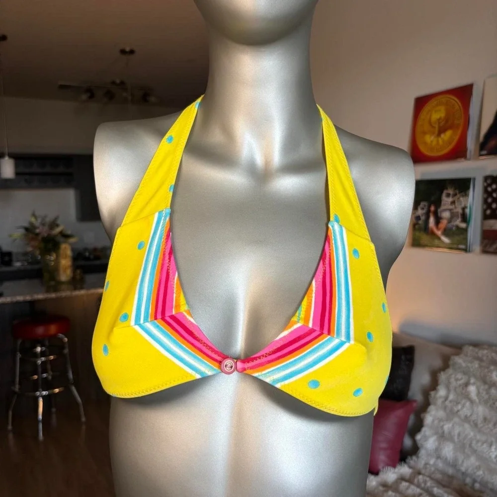 Y2K Vintage Yellow Polka Dot Halter Bikini Top